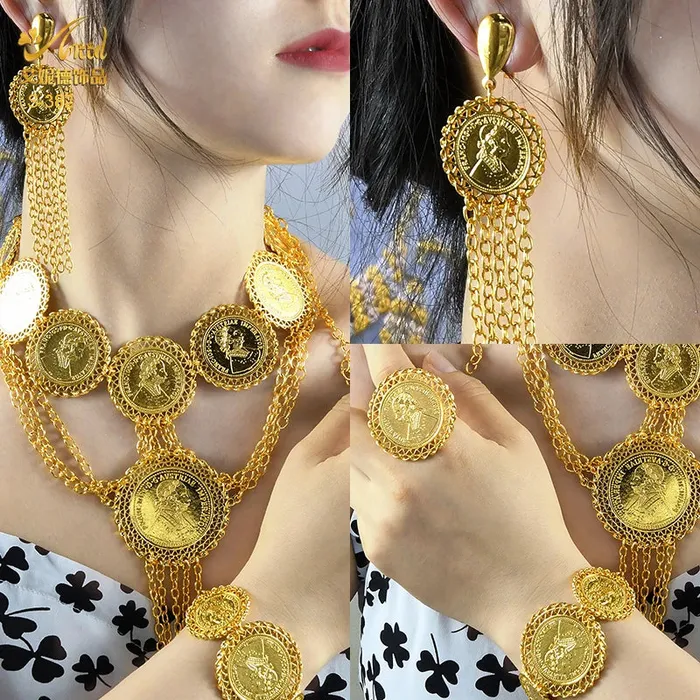 African Coin Necklace Jewelry Set For Women Girls Dubai Nigerian Fashion Choker Necklace Bracelet Earrings Ring Sweet T 52 Necklaces