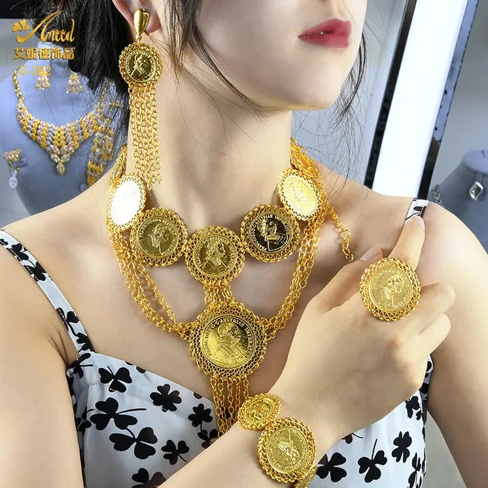 African Coin Necklace Jewelry Set For Women Girls Dubai Nigerian Fashion Choker Necklace Bracelet Earrings Ring Sweet T 52 Necklaces