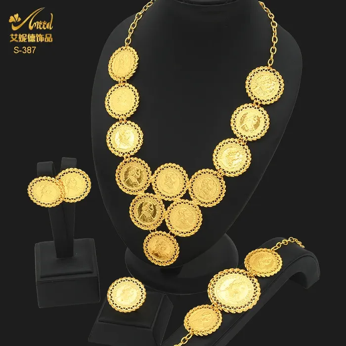 African Coin Necklace Jewelry Set For Women Girls Dubai Nigerian Fashion Choker Necklace Bracelet Earrings Ring Sweet T 52 Necklaces