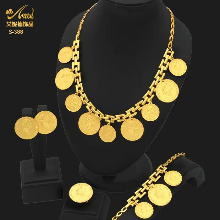 African Coin Necklace Jewelry Set For Women Girls Dubai Nigerian Fashion Choker Necklace Bracelet Earrings Ring Sweet T 52 Necklaces