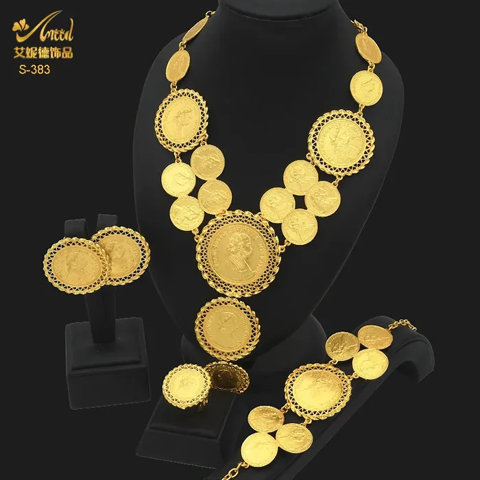 African Coin Necklace Jewelry Set For Women Girls Dubai Nigerian Fashion Choker Necklace Bracelet Earrings Ring Sweet T 52 Necklaces