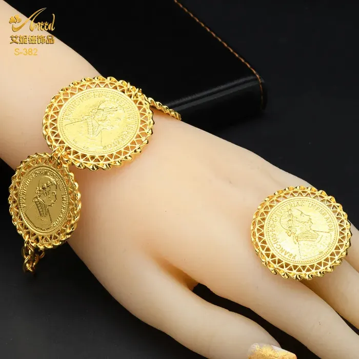 African Coin Necklace Jewelry Set For Women Girls Dubai Nigerian Fashion Choker Necklace Bracelet Earrings Ring Sweet T 52 Necklaces