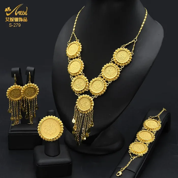 African Coin Necklace Jewelry Set For Women Girls Dubai Nigerian Fashion Choker Necklace Bracelet Earrings Ring Sweet T 52 Necklaces