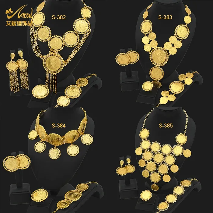 African Coin Necklace Jewelry Set For Women Girls Dubai Nigerian Fashion Choker Necklace Bracelet Earrings Ring Sweet T 52 Necklaces