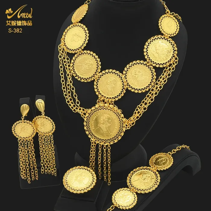 African Coin Necklace Jewelry Set For Women Girls Dubai Nigerian Fashion Choker Necklace Bracelet Earrings Ring Sweet T 52 Necklaces