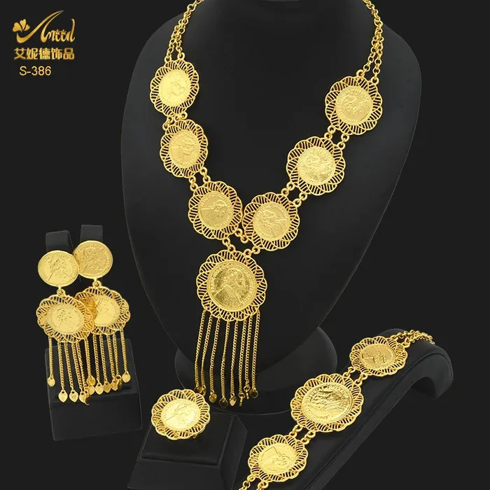 African Coin Necklace Jewelry Set For Women Girls Dubai Nigerian Fashion Choker Necklace Bracelet Earrings Ring Sweet T 52 Necklaces