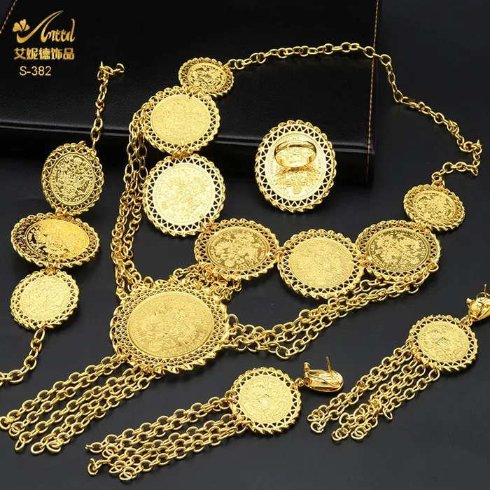 African Coin Necklace Jewelry Set For Women Girls Dubai Nigerian Fashion Choker Necklace Bracelet Earrings Ring Sweet T 52 Necklaces