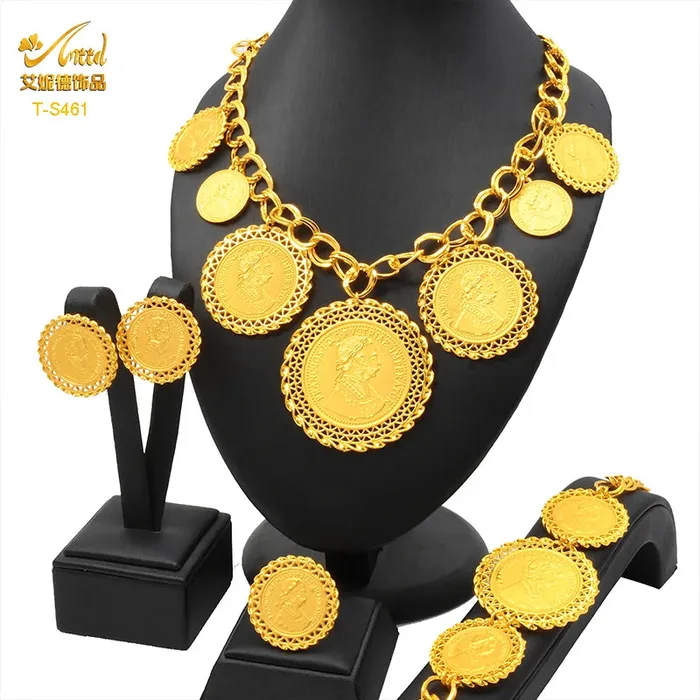 African Coin Necklace Jewelry Set For Women Girls Dubai Nigerian Fashion Choker Necklace Bracelet Earrings Ring Sweet T 52 Necklaces