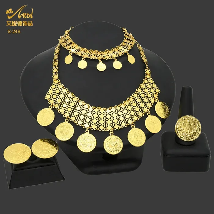 African Coin Necklace Jewelry Set For Women Girls Dubai Nigerian Fashion Choker Necklace Bracelet Earrings Ring Sweet T 52 Necklaces