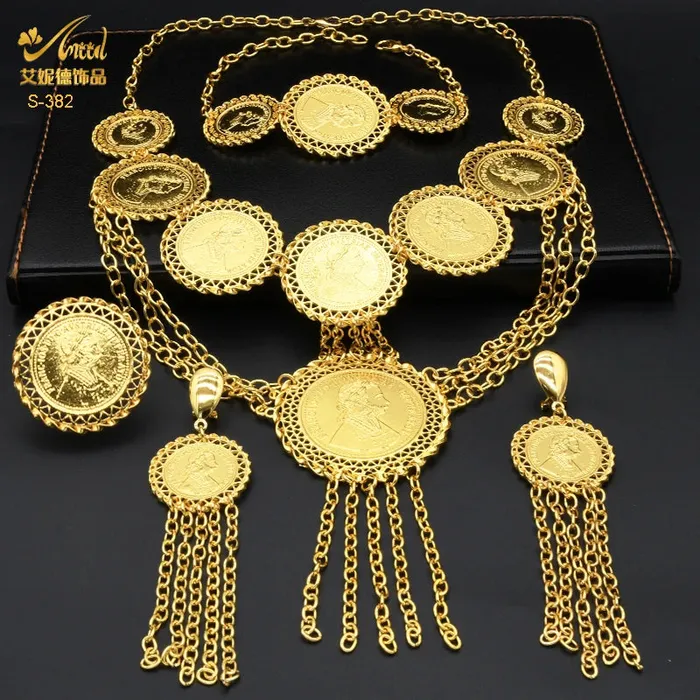 African Coin Necklace Jewelry Set For Women Girls Dubai Nigerian Fashion Choker Necklace Bracelet Earrings Ring Sweet T 52 Necklaces