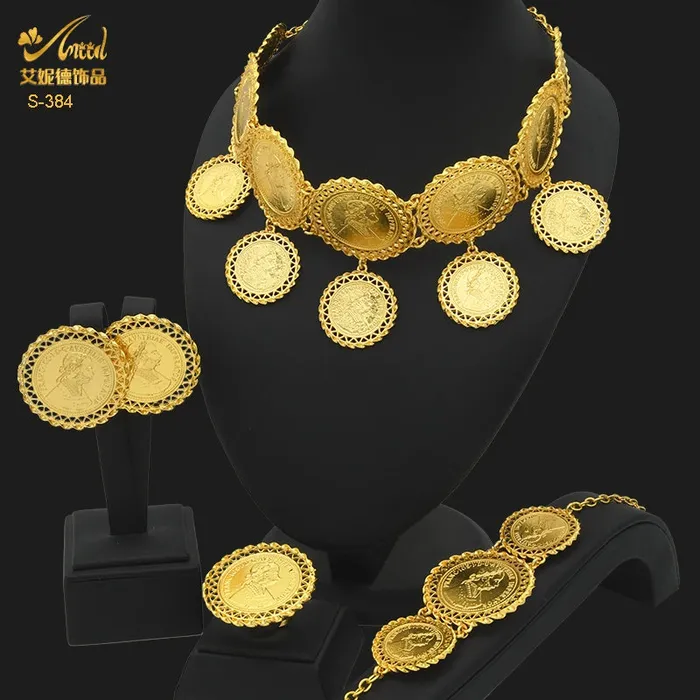 African Coin Necklace Jewelry Set For Women Girls Dubai Nigerian Fashion Choker Necklace Bracelet Earrings Ring Sweet T 52 Necklaces