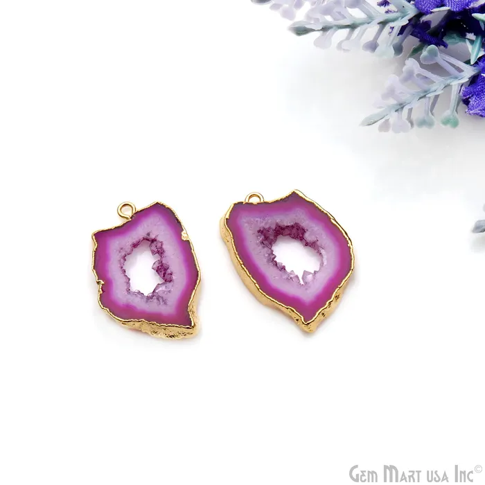 Agate Slice 28x17mm Organic Gold Electroplated Gemstone Earring Connector 1 Pair GemMartUSA Earrings