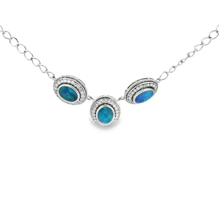 Australian Opal Doublet Necklace set in Sterling Silver Australian Opal Cutters Necklaces Australian Opal Doublet Necklace set in Sterling Silver Australian Opal Cutters Necklaces