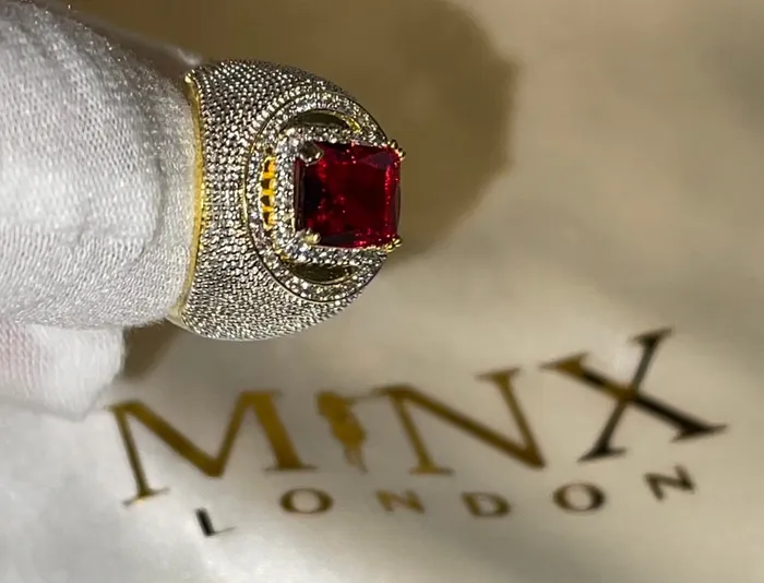 Big Iced Out Ring Big Gold Diamond Ring Ruby Ring Ruby Diamond Ring Ruby and Diamond Ring Red Diamond Ring Iced Out Ring Minx London Rings