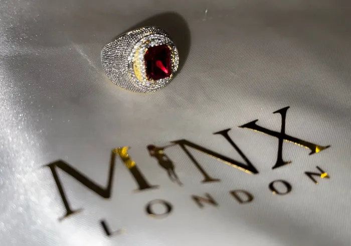 Big Iced Out Ring Big Gold Diamond Ring Ruby Ring Ruby Diamond Ring Ruby and Diamond Ring Red Diamond Ring Iced Out Ring Minx London Rings