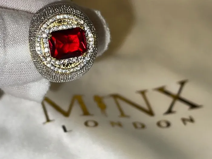 Big Iced Out Ring Big Gold Diamond Ring Ruby Ring Ruby Diamond Ring Ruby and Diamond Ring Red Diamond Ring Iced Out Ring Minx London Rings
