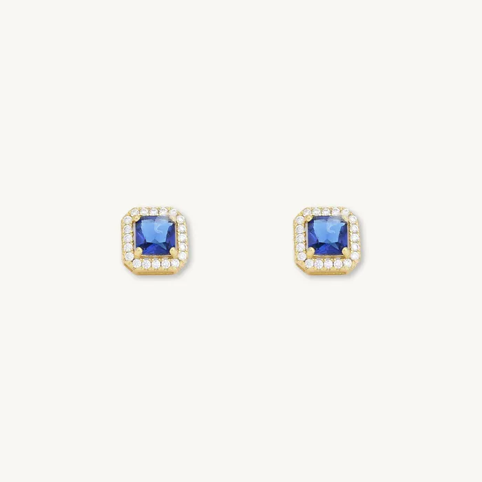Camile Stone Earrings Blue Sapphire Square Pave Halo Stud Earrings