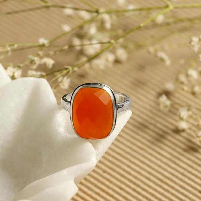 Checkerboard Cut Carnelian Ring Solid 925 Sterling Silver Jewelry YoTreasure Rings
