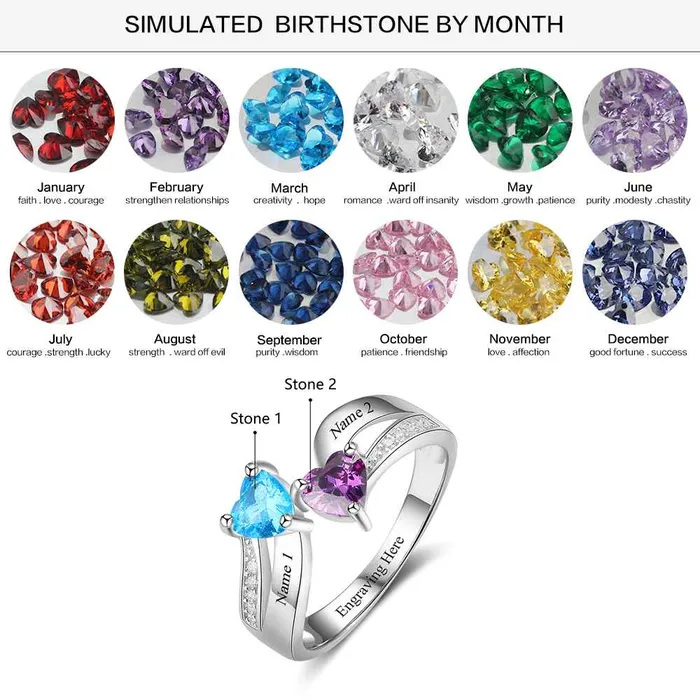customjewelryan Rings Personalized 925 Sterling Silver Ring Custom Heart Shape Birthstone Engraved Custom Names