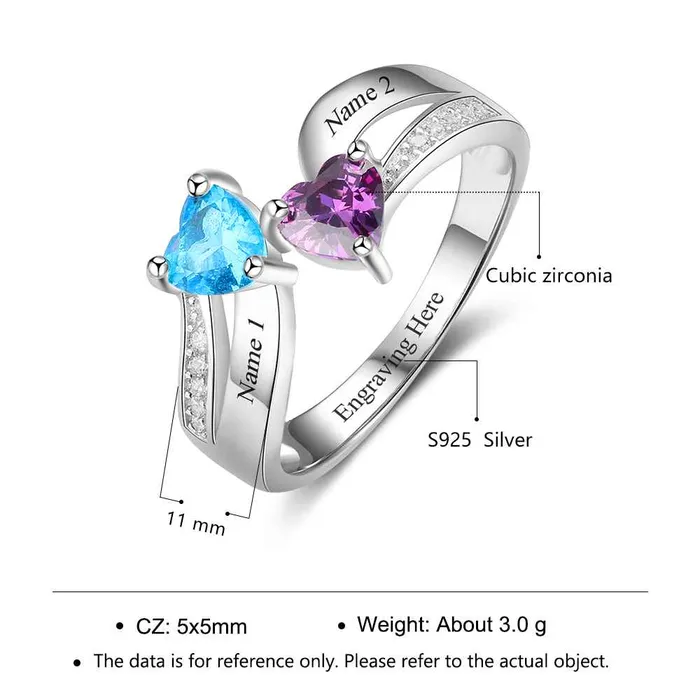customjewelryan Rings Personalized 925 Sterling Silver Ring Custom Heart Shape Birthstone Engraved Custom Names