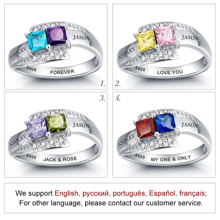 customjewelryan Rings Personalized Sterling Silver Ring for Couples Engrave Two Custom Names One Phrase and Cubic Zirconia Birthstones Unique Gifts