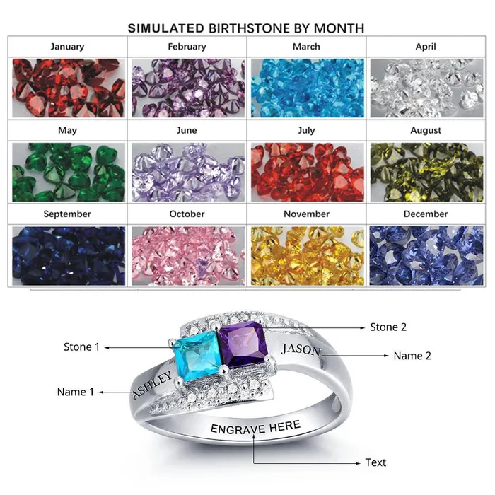 customjewelryan Rings Personalized Sterling Silver Ring for Couples Engrave Two Custom Names One Phrase and Cubic Zirconia Birthstones Unique Gifts
