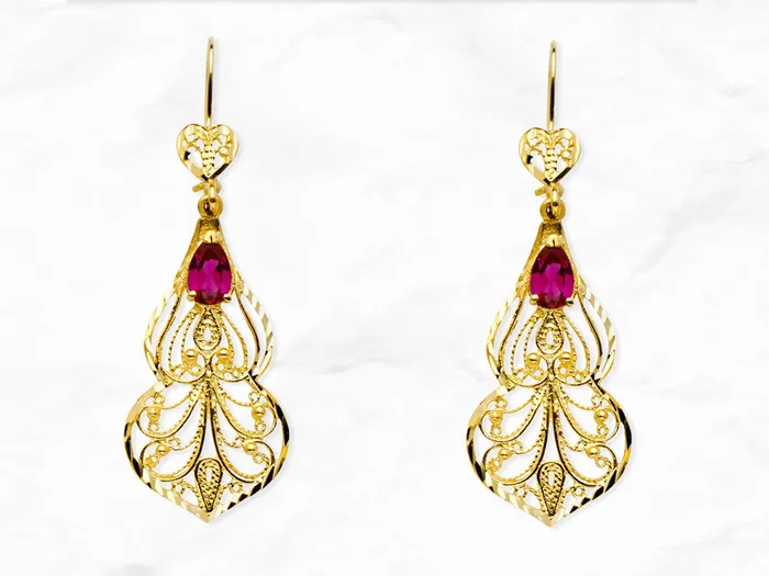 Earrings My Jewelry Plaza Chandelier Earrings with Red Gem in 14K Gold
