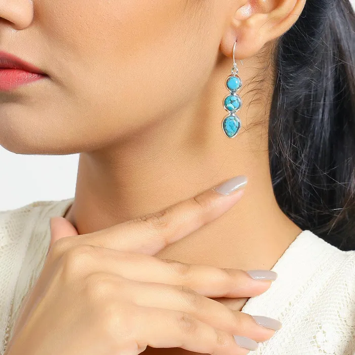 Earrings YoTreasure Blue Copper Turquoise Solid 925 Sterling Silver Teardrop Dangle Earrings Jewelry
