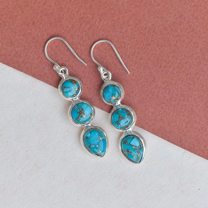 Earrings YoTreasure Blue Copper Turquoise Solid 925 Sterling Silver Teardrop Dangle Earrings Jewelry