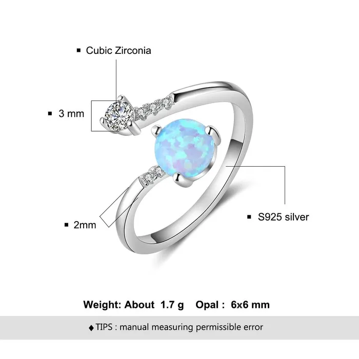 Elegant Sterling Silver Wrap Adjustable Ring Blue Pink White Opal Rings for Women Female Wedding Personalized Jewel Rings