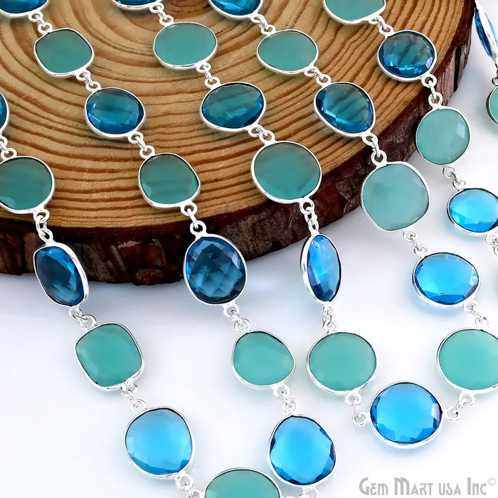 GemMartUSA Aqua Chalcedony With Blue Topaz 1015mm Mix Shape Silver Continuous Connector Chain Rings