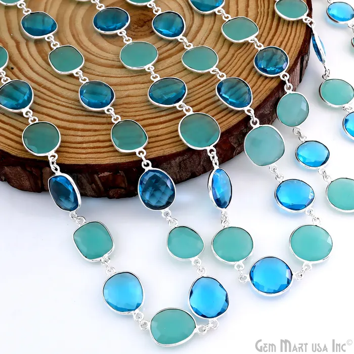 GemMartUSA Aqua Chalcedony With Blue Topaz 1015mm Mix Shape Silver Continuous Connector Chain Rings