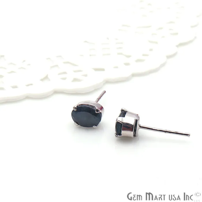 GemMartUSA Earrings Black Sapphire 5x7mm Sterling Silver Prong Setting Oval Shape Stud Earring