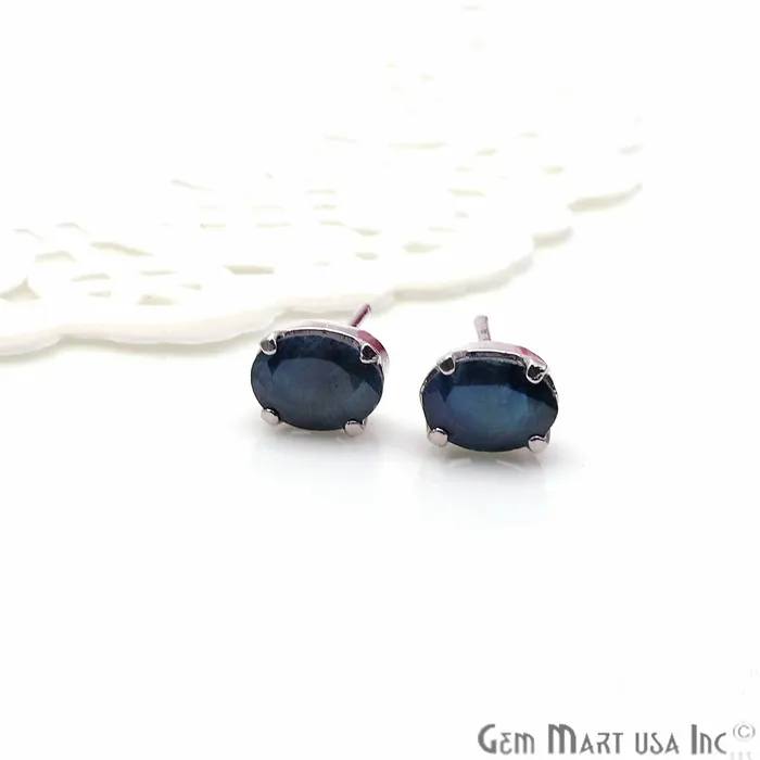 GemMartUSA Earrings Black Sapphire 5x7mm Sterling Silver Prong Setting Oval Shape Stud Earring
