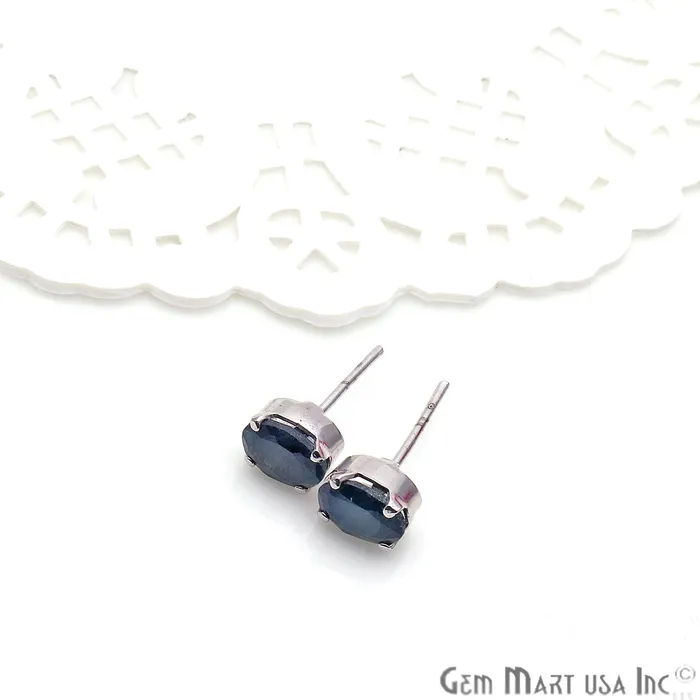 GemMartUSA Earrings Black Sapphire 5x7mm Sterling Silver Prong Setting Oval Shape Stud Earring