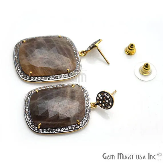 GemMartUSA Earrings Brown Sapphire With Cubic Zirconia Pave Diamond 25x43mmGold Vermeil Dangle Drop Stud Earring