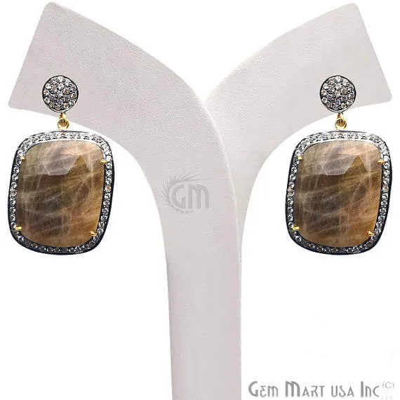 GemMartUSA Earrings Brown Sapphire With Cubic Zirconia Pave Diamond 25x43mmGold Vermeil Dangle Drop Stud Earring