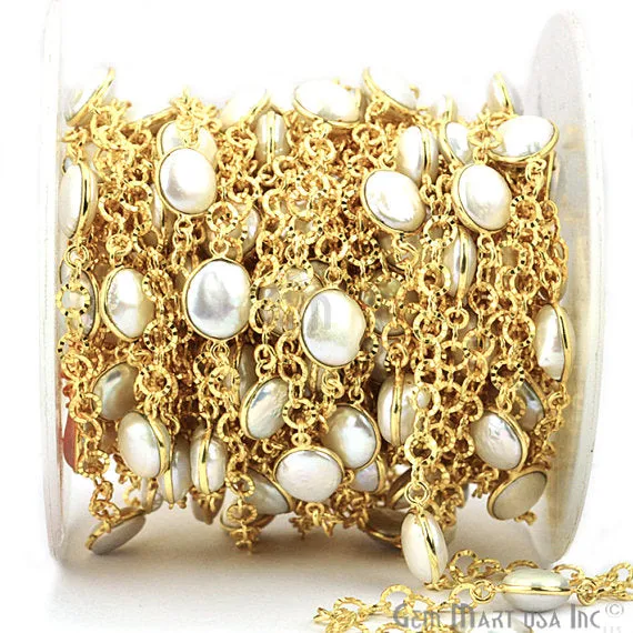 GemMartUSA Necklaces Freshwater Pearl 10mm Round Gold Plated Bezel Connector Chain GemMartUSA Necklaces Freshwater Pearl 10mm Round Gold Plated Bezel Connector Chain