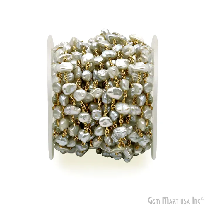 GemMartUSA Necklaces Gray Pearl Free Form Faceted Beads 78mm Gold Plated Gemstone Rosary Chain GemMartUSA Necklaces Gray Pearl Free Form Faceted Beads 78mm Gold Plated Gemstone Rosary Chain