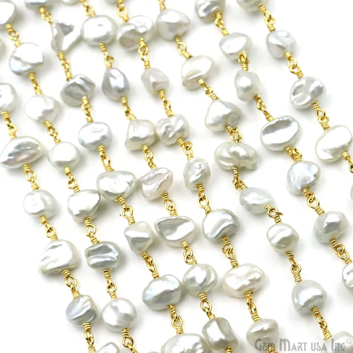 GemMartUSA Necklaces Gray Pearl Free Form Faceted Beads 78mm Gold Plated Gemstone Rosary Chain GemMartUSA Necklaces Gray Pearl Free Form Faceted Beads 78mm Gold Plated Gemstone Rosary Chain