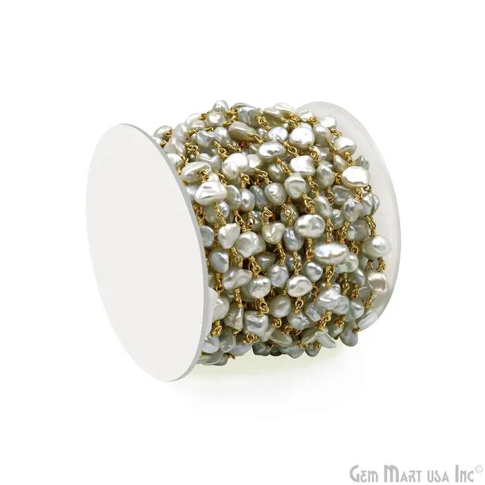 GemMartUSA Necklaces Gray Pearl Free Form Faceted Beads 78mm Gold Plated Gemstone Rosary Chain GemMartUSA Necklaces Gray Pearl Free Form Faceted Beads 78mm Gold Plated Gemstone Rosary Chain