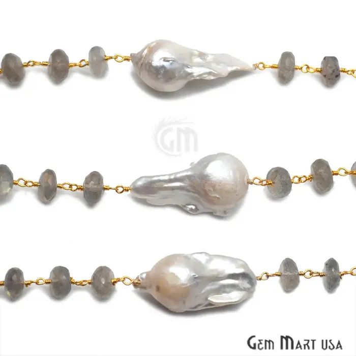 GemMartUSA Necklaces Labradorite With Pearl Gold Plated Wire Wrapped Rosary Beads Chain