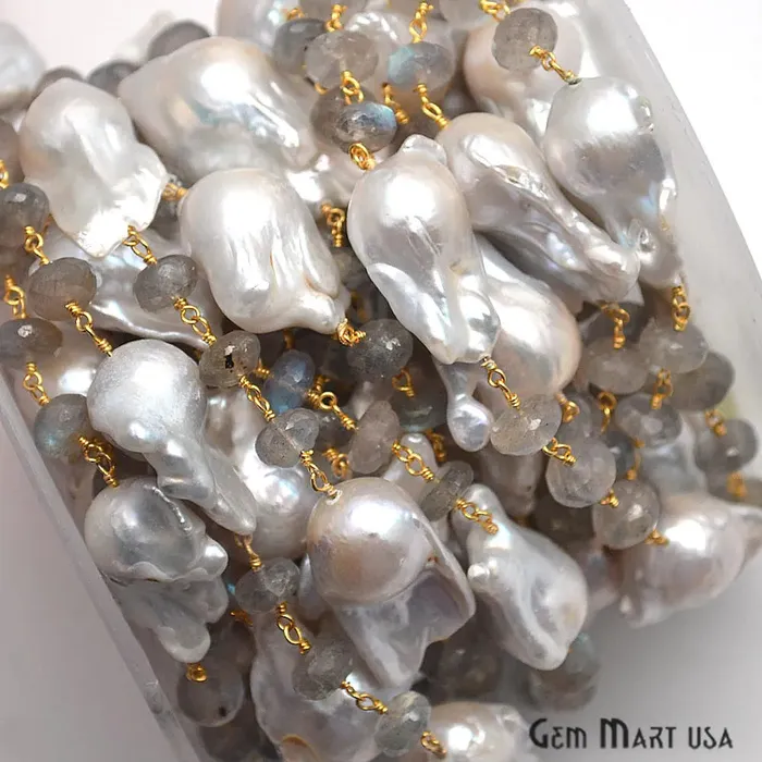 GemMartUSA Necklaces Labradorite With Pearl Gold Plated Wire Wrapped Rosary Beads Chain