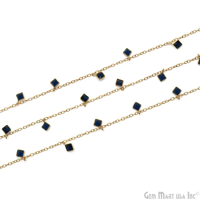 GemMartUSA Necklaces Sapphire Square 4mm Bezel Gold Plated Dangle Fancy Rosary Chain GemMartUSA Necklaces Sapphire Square 4mm Bezel Gold Plated Dangle Fancy Rosary Chain