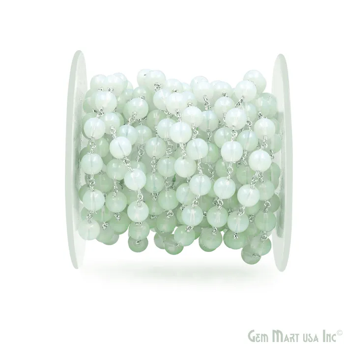 GemMartUSA White Opal Smooth Beads 8mm Silver Plated Wire Wrapped Rosary Chain Rings GemMartUSA White Opal Smooth Beads 8mm Silver Plated Wire Wrapped Rosary Chain Rings