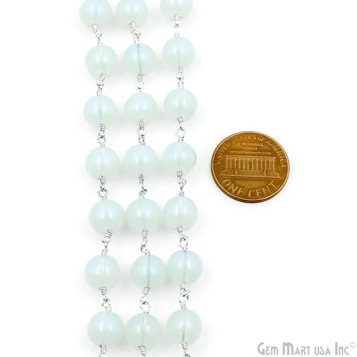 GemMartUSA White Opal Smooth Beads 8mm Silver Plated Wire Wrapped Rosary Chain Rings GemMartUSA White Opal Smooth Beads 8mm Silver Plated Wire Wrapped Rosary Chain Rings