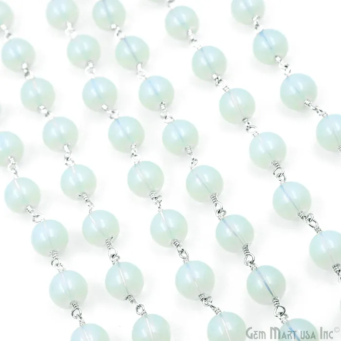 GemMartUSA White Opal Smooth Beads 8mm Silver Plated Wire Wrapped Rosary Chain Rings GemMartUSA White Opal Smooth Beads 8mm Silver Plated Wire Wrapped Rosary Chain Rings