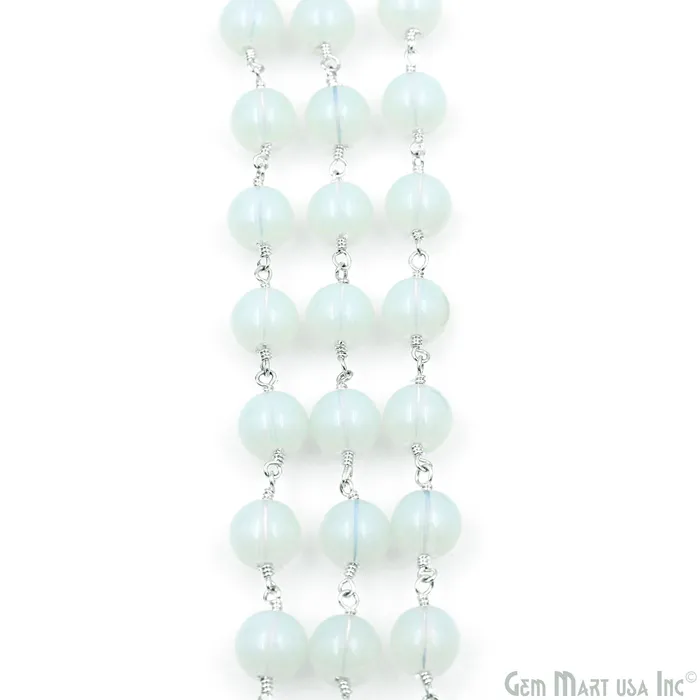 GemMartUSA White Opal Smooth Beads 8mm Silver Plated Wire Wrapped Rosary Chain Rings GemMartUSA White Opal Smooth Beads 8mm Silver Plated Wire Wrapped Rosary Chain Rings