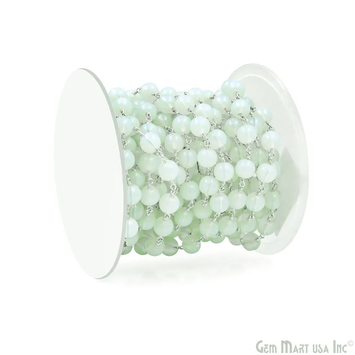 GemMartUSA White Opal Smooth Beads 8mm Silver Plated Wire Wrapped Rosary Chain Rings GemMartUSA White Opal Smooth Beads 8mm Silver Plated Wire Wrapped Rosary Chain Rings