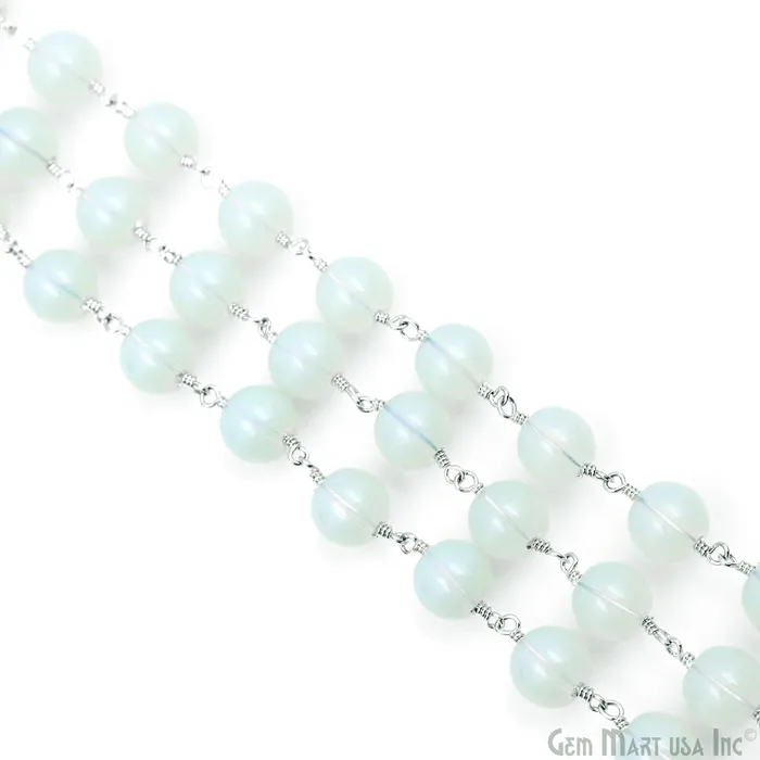 GemMartUSA White Opal Smooth Beads 8mm Silver Plated Wire Wrapped Rosary Chain Rings GemMartUSA White Opal Smooth Beads 8mm Silver Plated Wire Wrapped Rosary Chain Rings